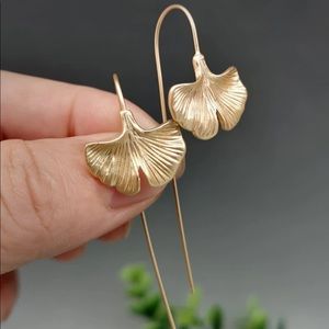 Gold Ginko Leaf long Drop Earrings